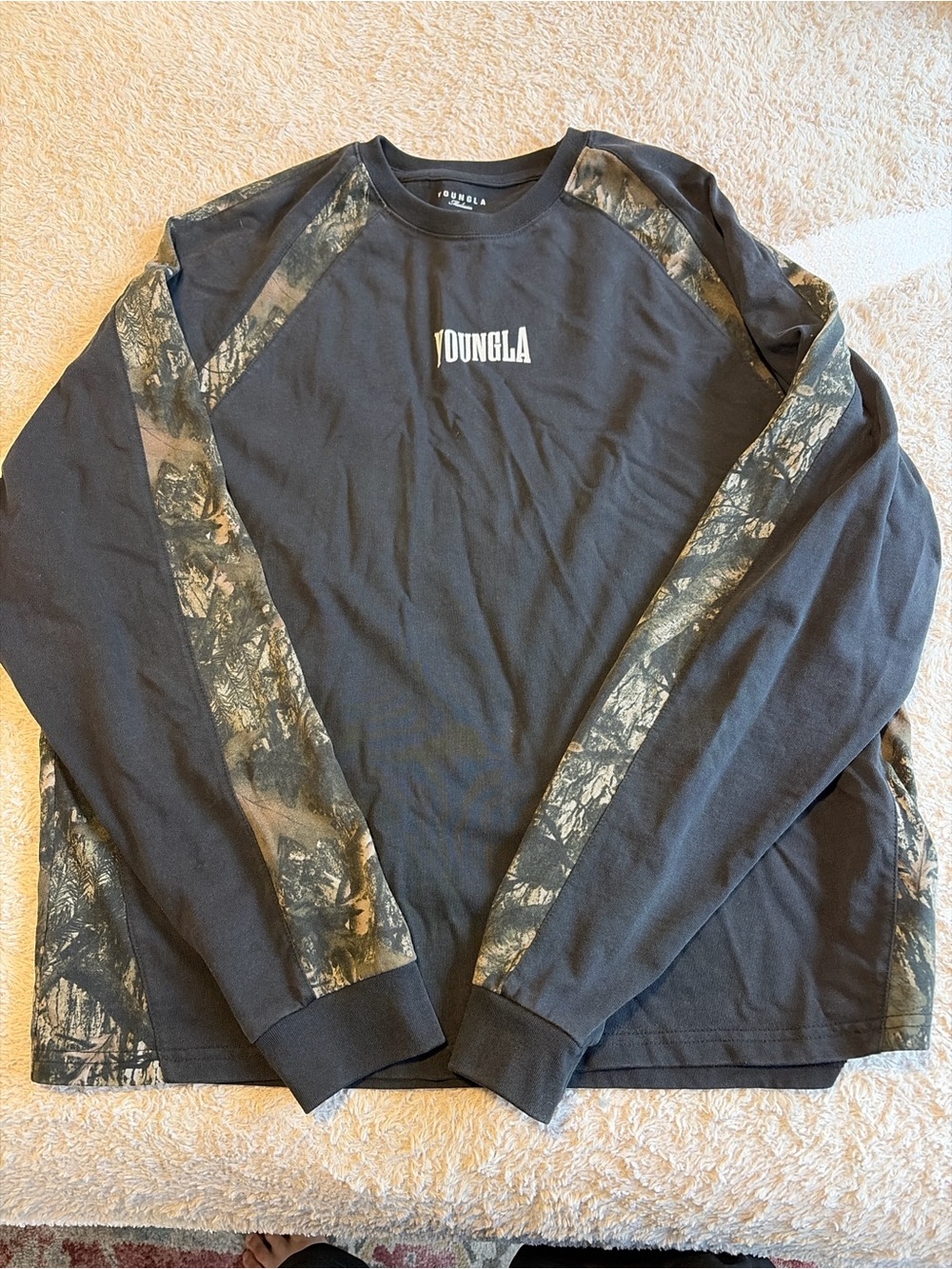 YoungLA Men’s Black Long-Sleeve Crewneck Shirt with Camo Panels